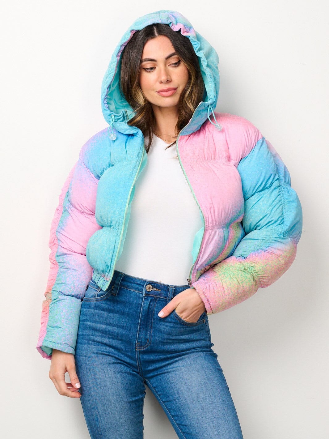 WOMEN'S LONG SLEEVE ZIP UP HOODED MULTI COLOR PUFFER JACKET