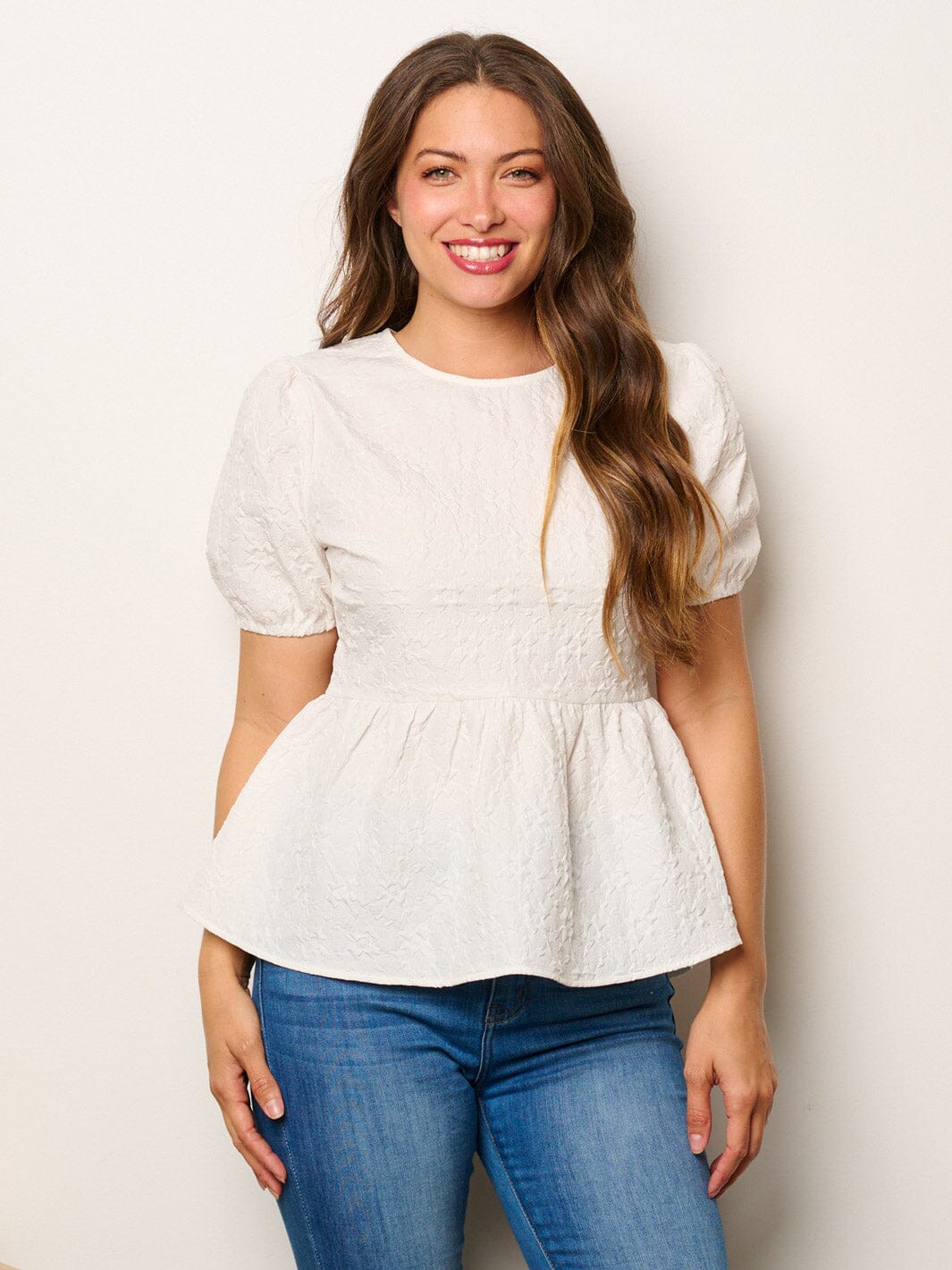 WOMEN'S SHORT PUFF SLEEVE PEPLUM BLOUSE TOP