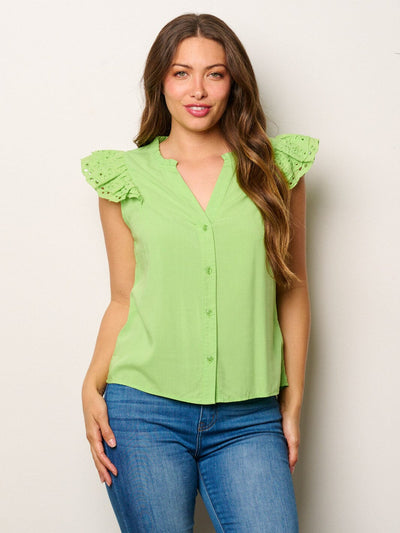 WOMEN'S SHORT RUFFLE EYELET SLEEVES V-NECK BUTTON UP BLOUSE TOP
