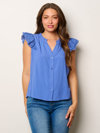 WOMEN'S SHORT RUFFLE EYELET SLEEVES V-NECK BUTTON UP BLOUSE TOP