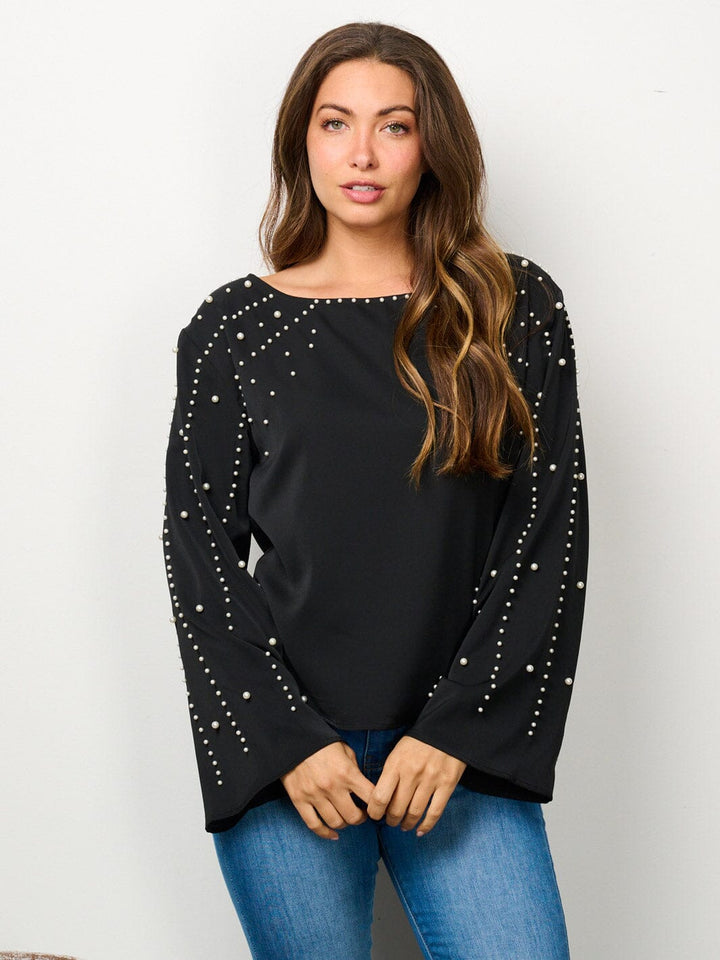WOMEN'S LONG BELL SLEEVE PEARL DETAILED BLOUSE TOP