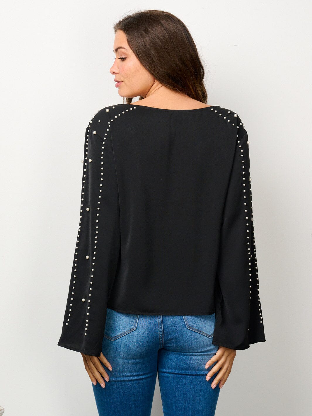 WOMEN'S LONG BELL SLEEVE PEARL DETAILED BLOUSE TOP