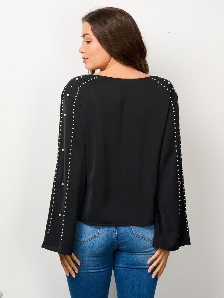 WOMEN'S LONG BELL SLEEVE PEARL DETAILED BLOUSE TOP