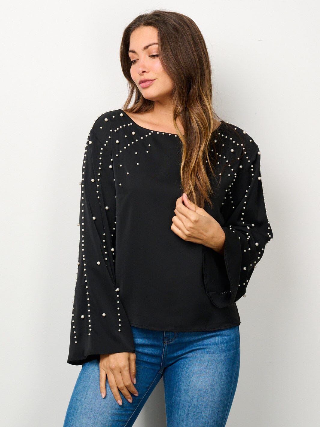 WOMEN'S LONG BELL SLEEVE PEARL DETAILED BLOUSE TOP