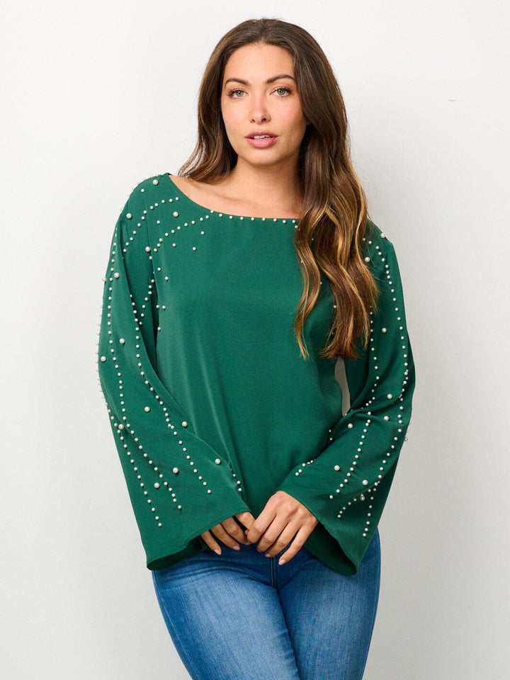 WOMEN'S LONG BELL SLEEVE PEARL DETAILED BLOUSE TOP