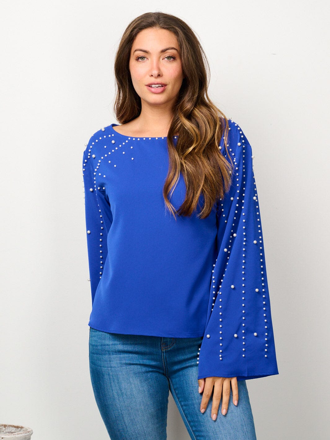 WOMEN'S LONG BELL SLEEVE PEARL DETAILED BLOUSE TOP