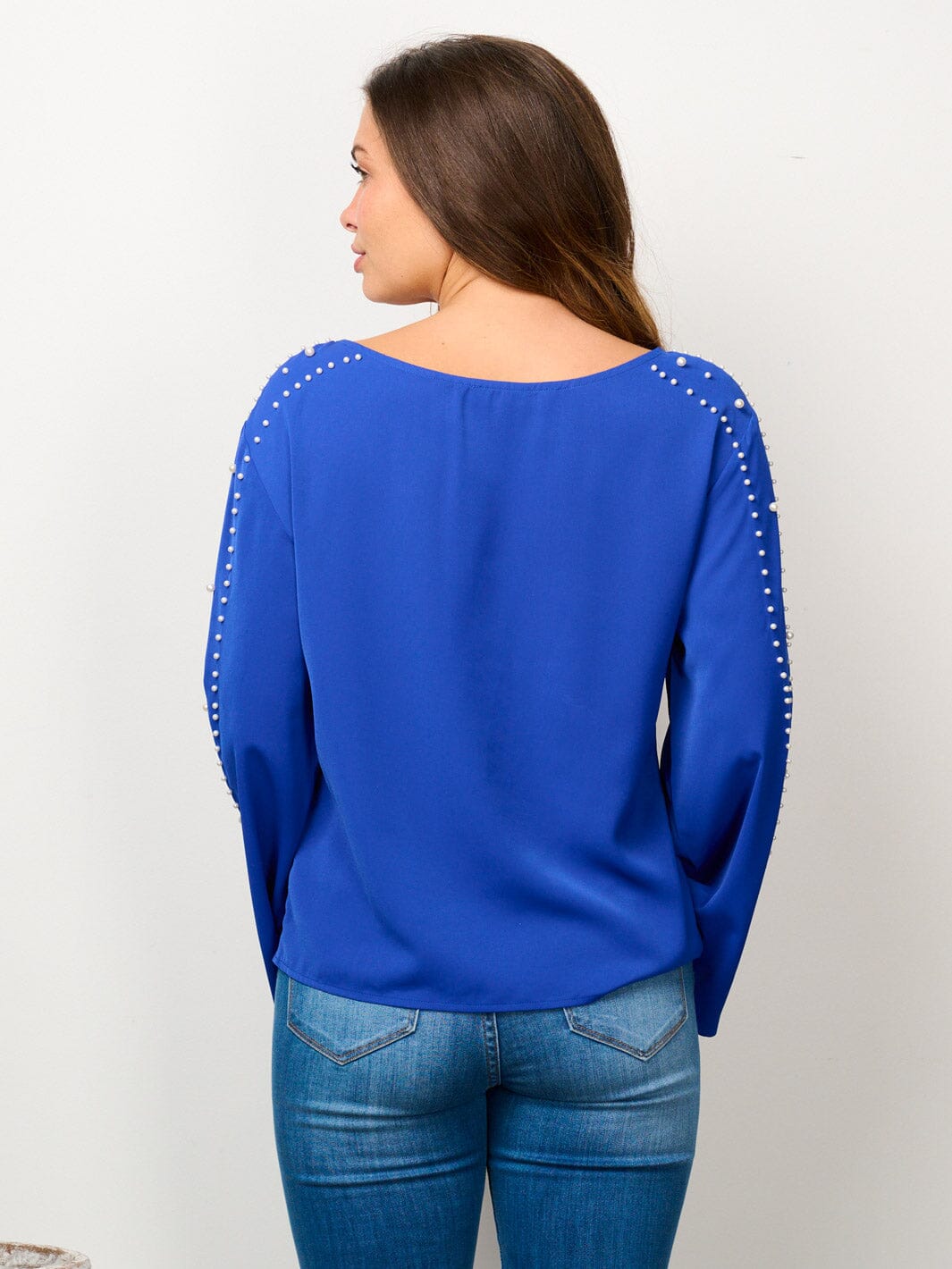 WOMEN'S LONG BELL SLEEVE PEARL DETAILED BLOUSE TOP