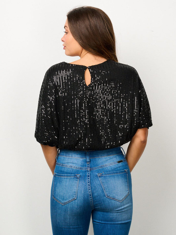 WOMEN'S SHORT PUFF SLEEVE SEQUINS CROP TOP