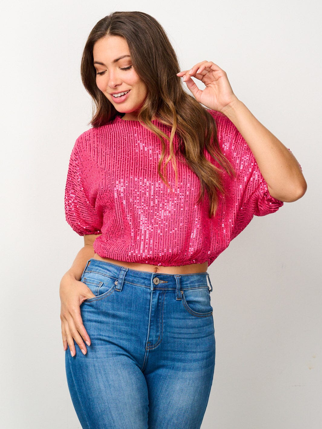 WOMEN'S SHORT PUFF SLEEVE SEQUINS CROP TOP