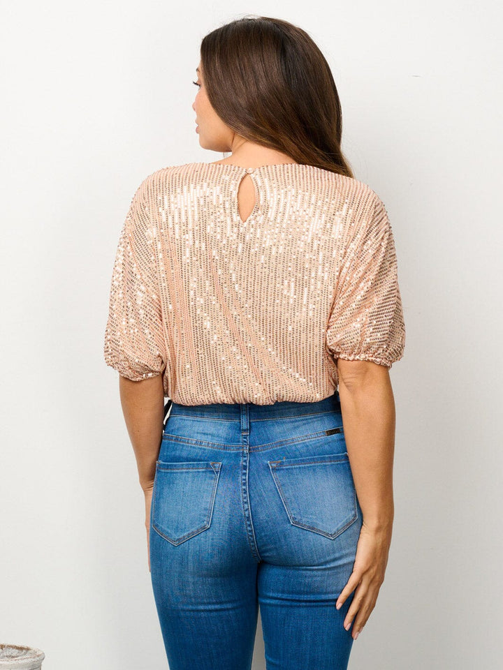 WOMEN'S SHORT PUFF SLEEVE SEQUINS CROP TOP