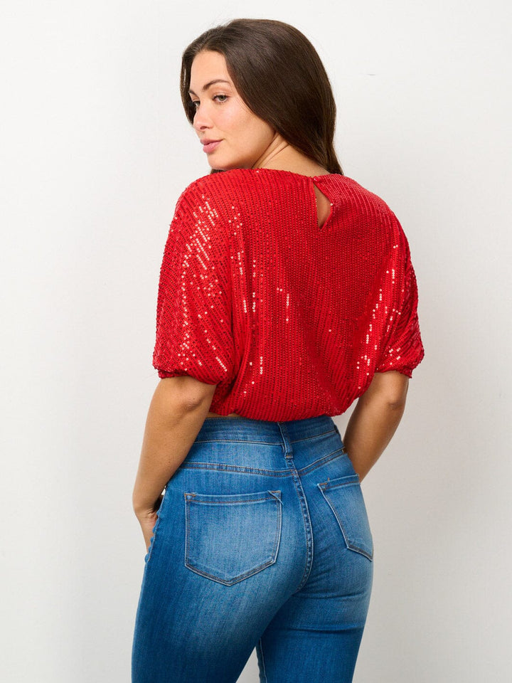 WOMEN'S SHORT PUFF SLEEVE SEQUINS CROP TOP