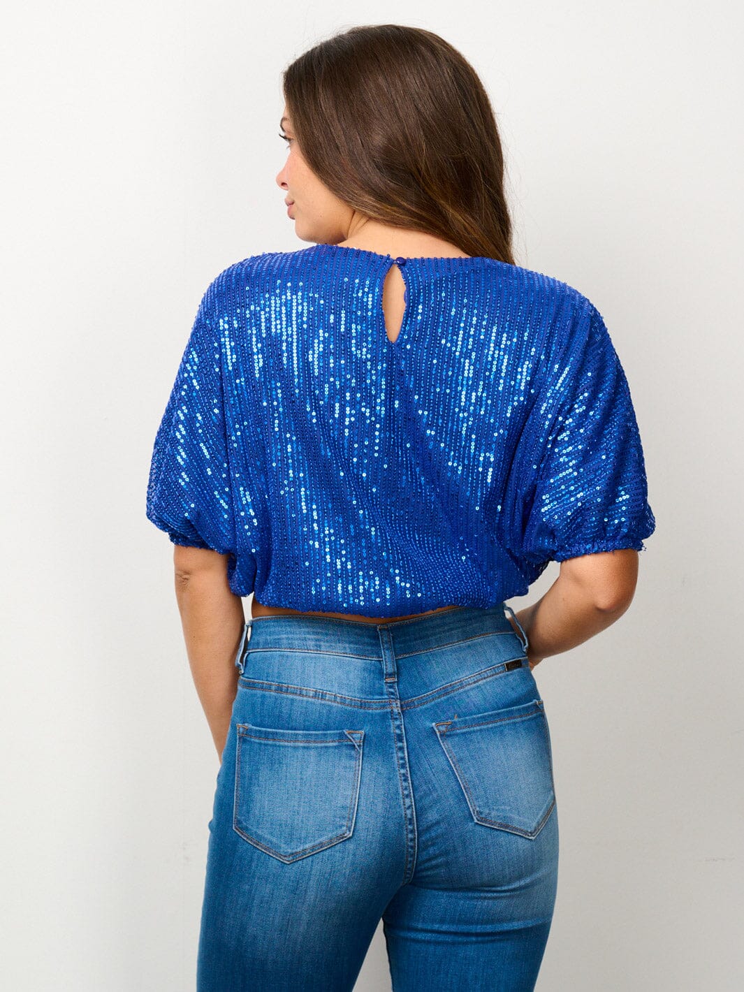 WOMEN'S SHORT PUFF SLEEVE SEQUINS CROP TOP