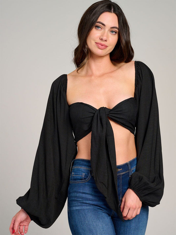 WOMEN'S LONG SLEEVE SMOCK FRONT TIE CROP TOP