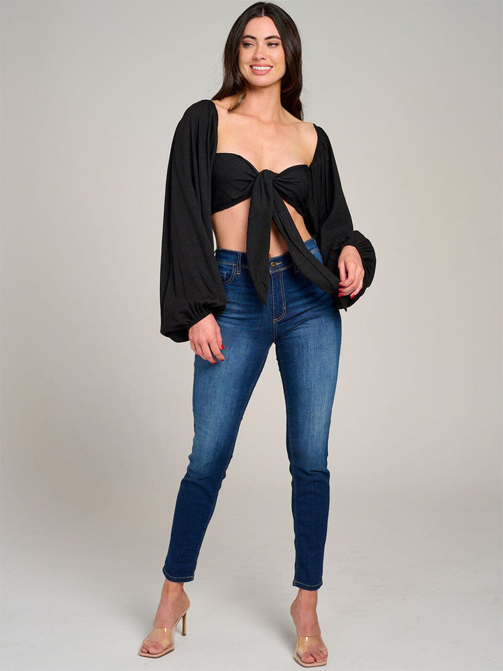 WOMEN'S LONG SLEEVE SMOCK FRONT TIE CROP TOP