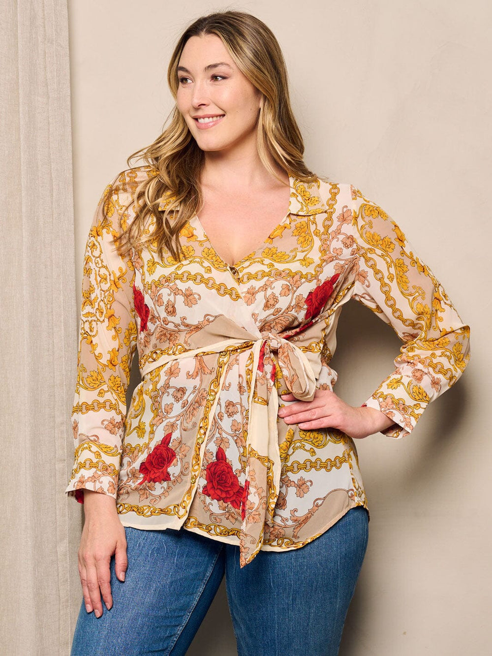 PLUS SIZE LONG SLEEVE V-NECK MULTI PRINT WRAP BLOUSE TOP