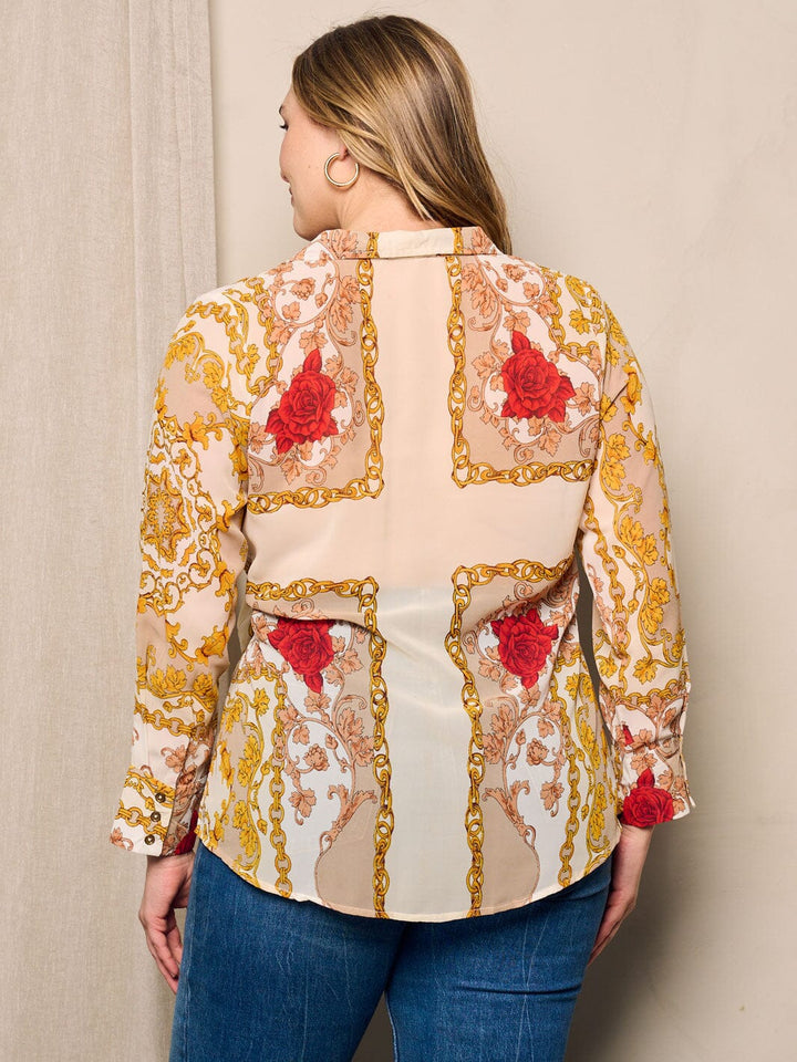 PLUS SIZE LONG SLEEVE V-NECK MULTI PRINT WRAP BLOUSE TOP