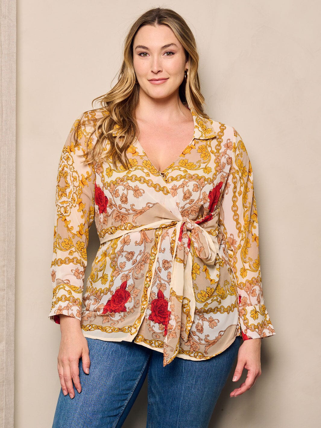 PLUS SIZE LONG SLEEVE V-NECK MULTI PRINT WRAP BLOUSE TOP