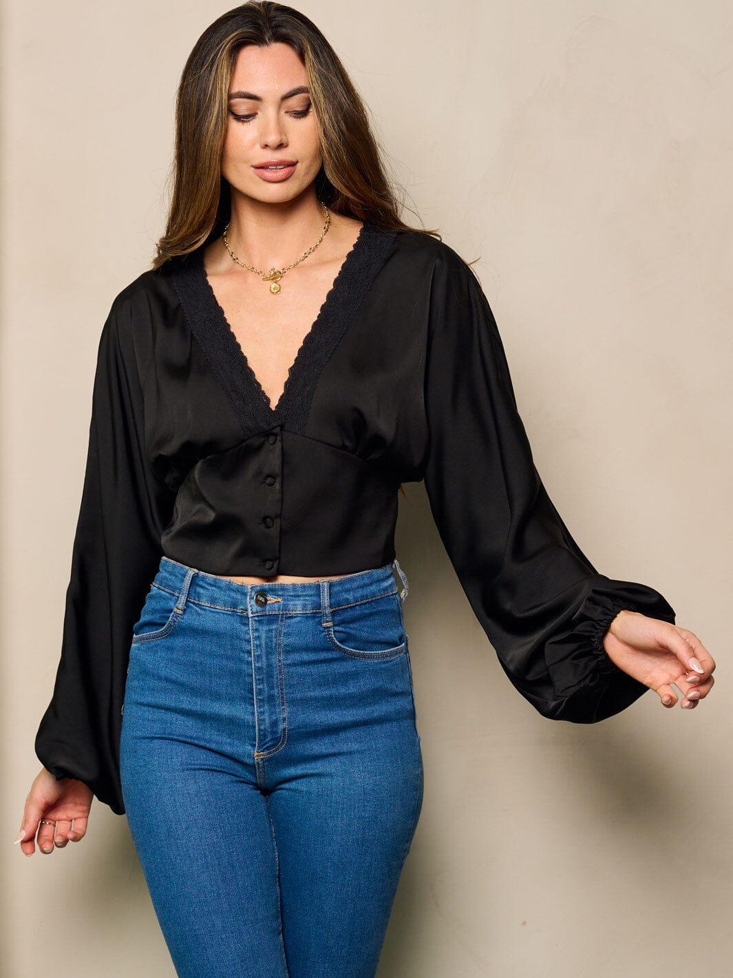 WOMEN'S LONG PUFF SLEEVE V-NECK BUTTON UP BLOUSE TOP