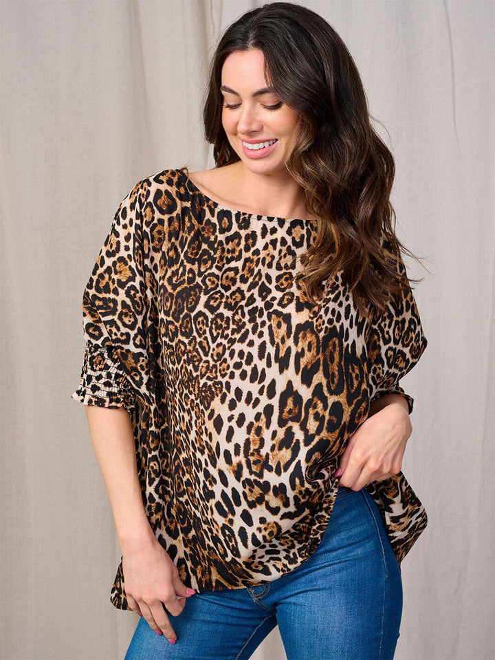 WOMEN'S SHORT SMOCK SLEEVE ANIMAL PRINT TUNIC BLOUSE