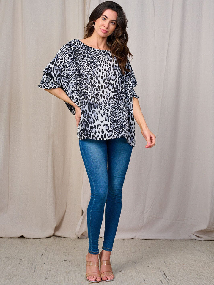 WOMEN'S SHORT SMOCK SLEEVE ANIMAL PRINT TUNIC BLOUSE