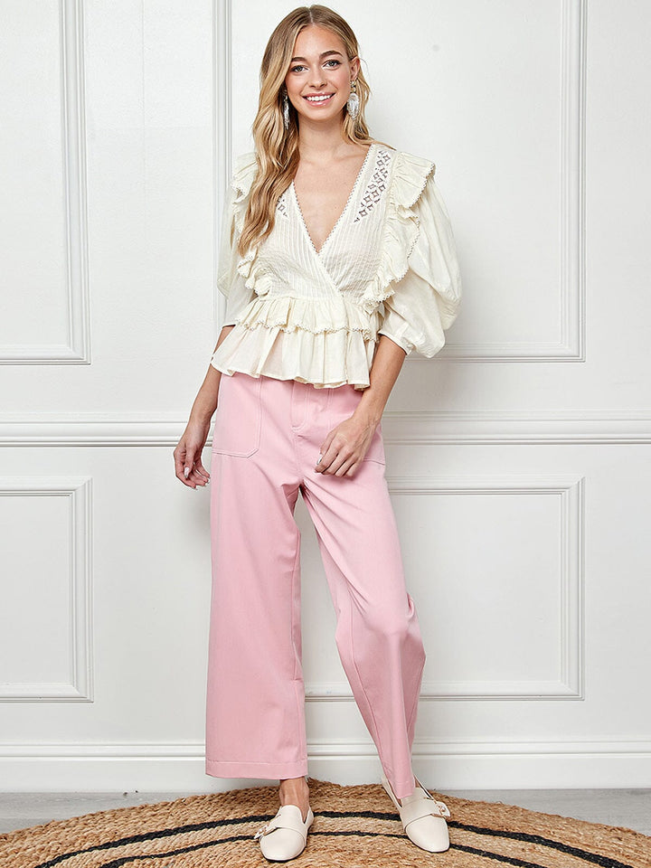 WOMEN'S 3/4 SLEEVE SURPLICE RUFFLE BLOUSE TOP