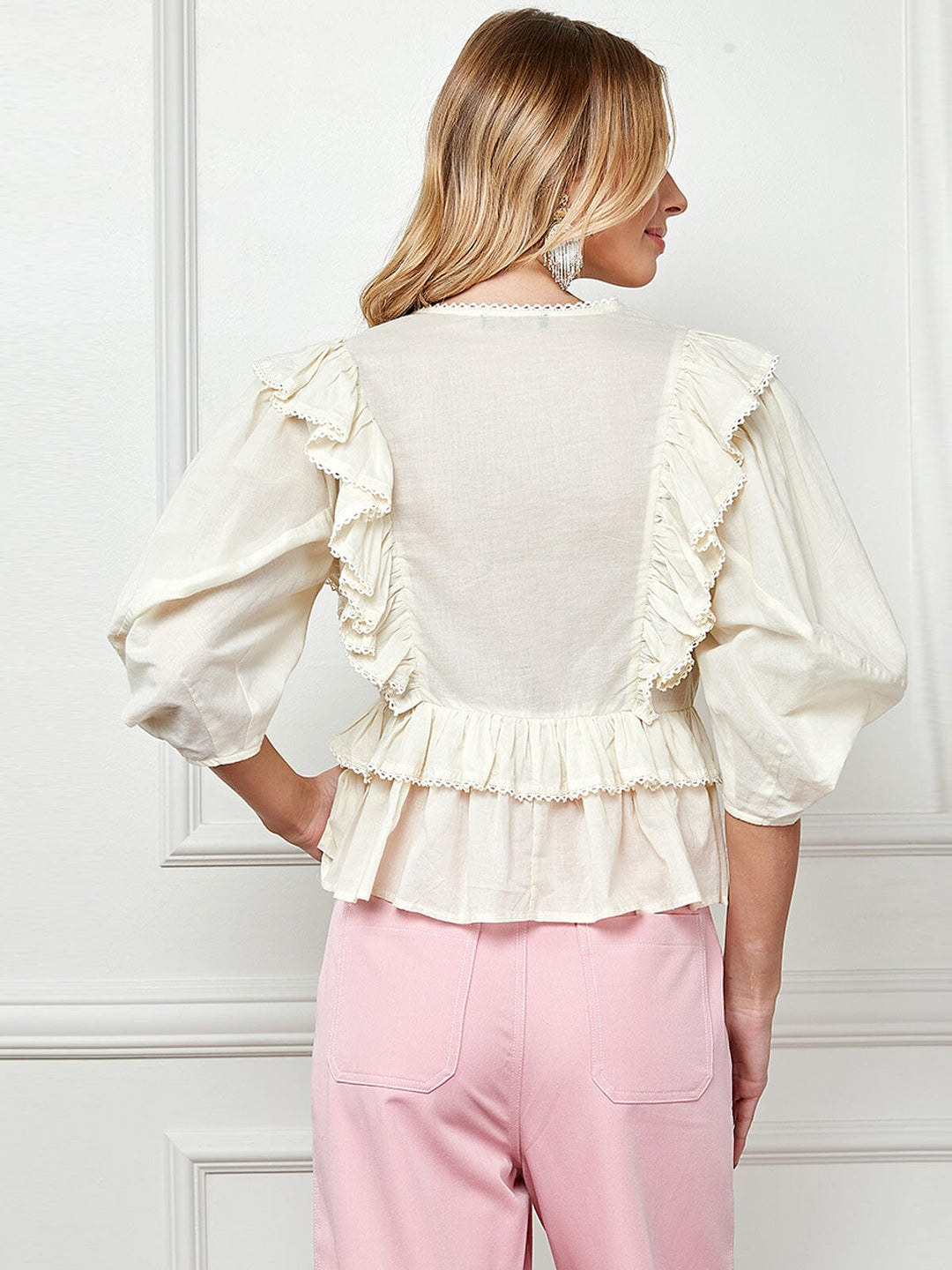 WOMEN'S 3/4 SLEEVE SURPLICE RUFFLE BLOUSE TOP