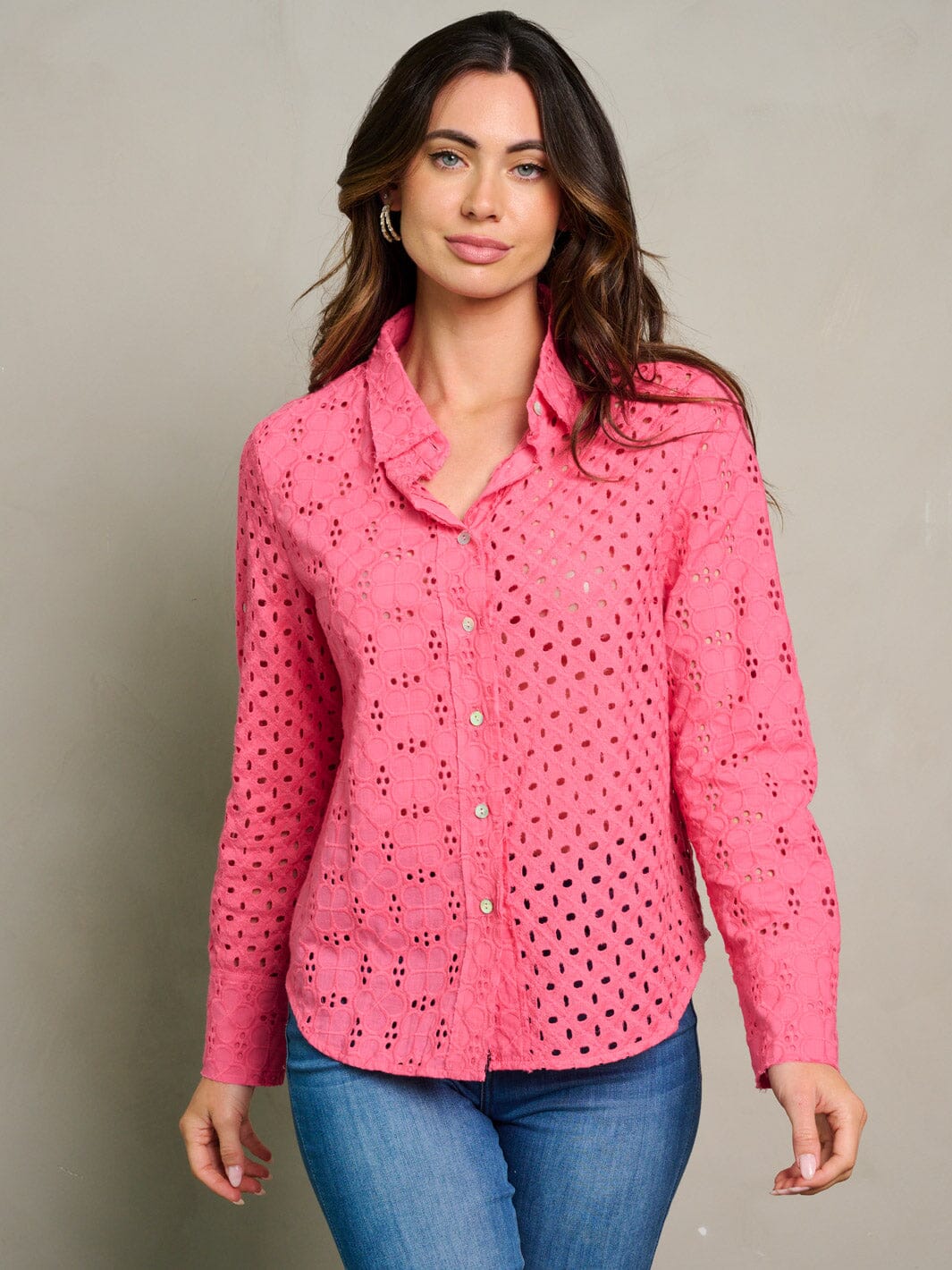 WOMEN'S LONG SLEEVE BUTTON UP EYELET BLOUSE TOP