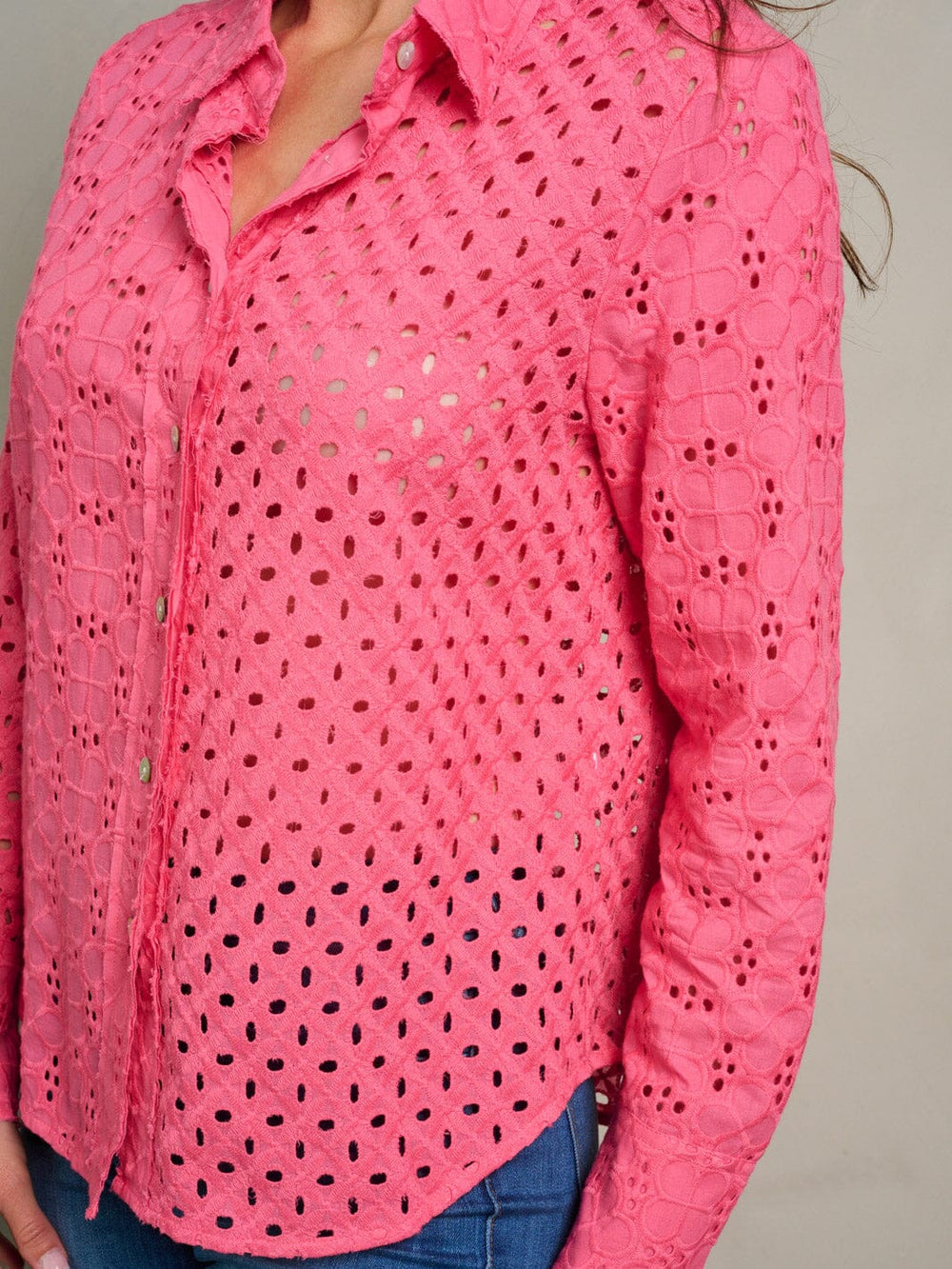 WOMEN'S LONG SLEEVE BUTTON UP EYELET BLOUSE TOP
