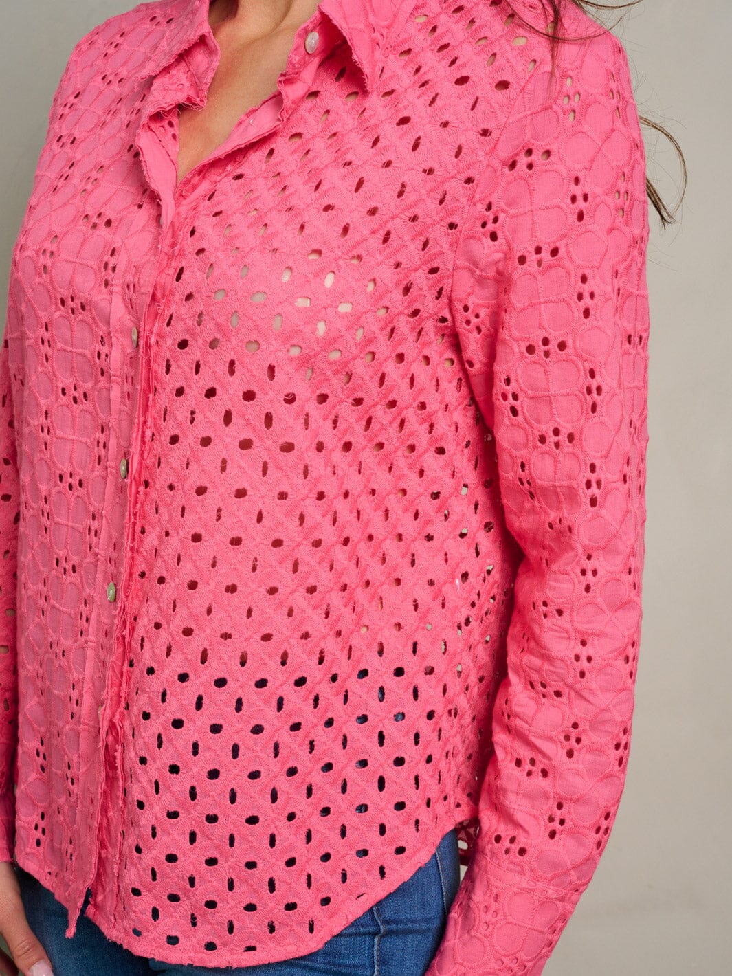 WOMEN'S LONG SLEEVE BUTTON UP EYELET BLOUSE TOP