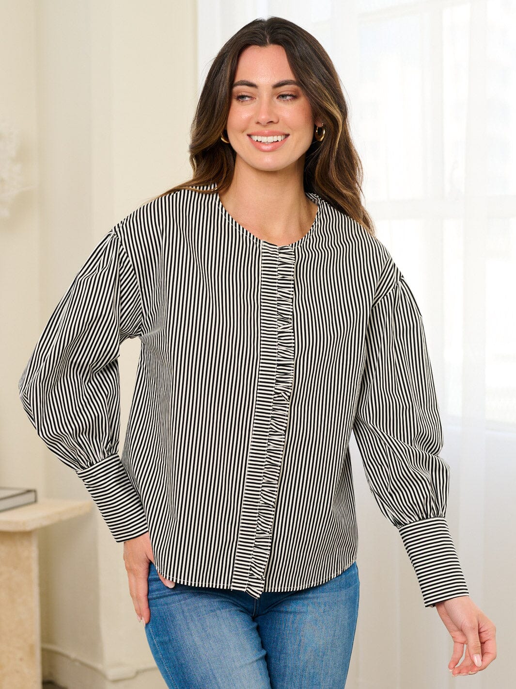 WOMEN'S LONG SLEEVE BUTTON CLOSURE RUFFLE STRIPES BLOSUE TOP