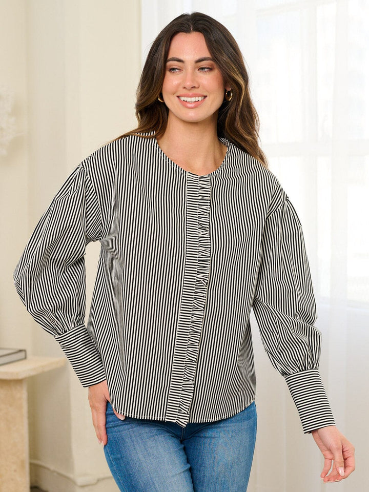 WOMEN'S LONG SLEEVE BUTTON CLOSURE RUFFLE STRIPES BLOSUE TOP