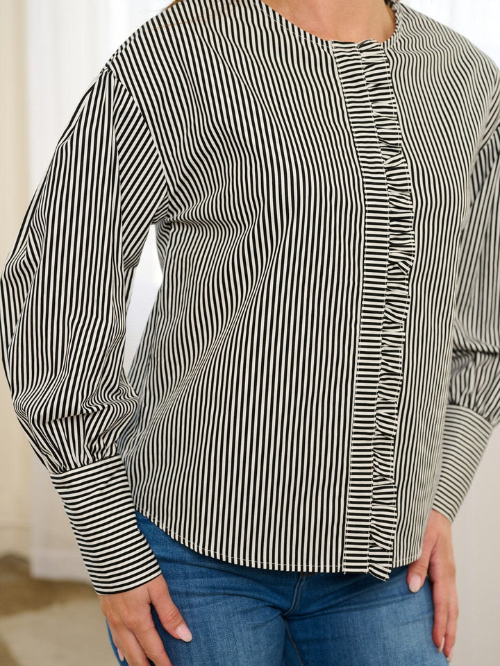 WOMEN'S LONG SLEEVE BUTTON CLOSURE RUFFLE STRIPES BLOSUE TOP