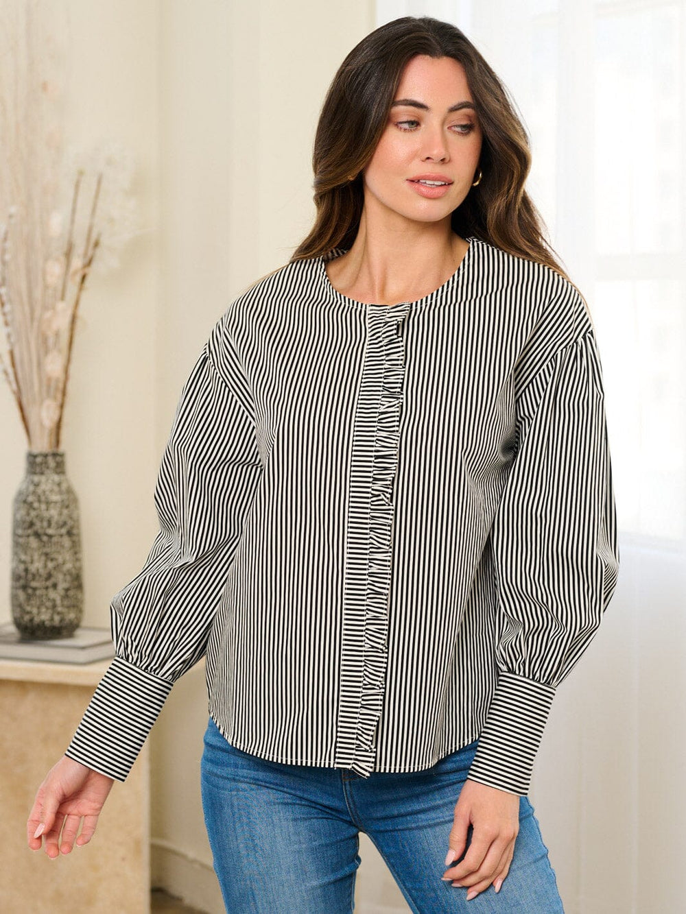 WOMEN'S LONG SLEEVE BUTTON CLOSURE RUFFLE STRIPES BLOSUE TOP