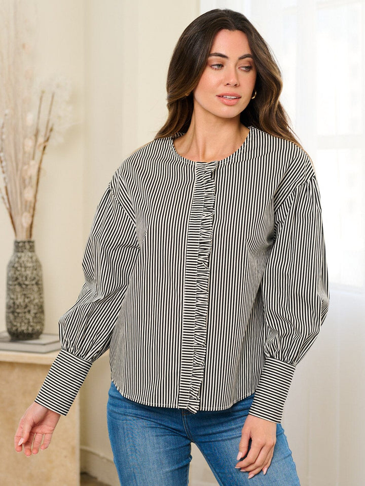 WOMEN'S LONG SLEEVE BUTTON CLOSURE RUFFLE STRIPES BLOSUE TOP