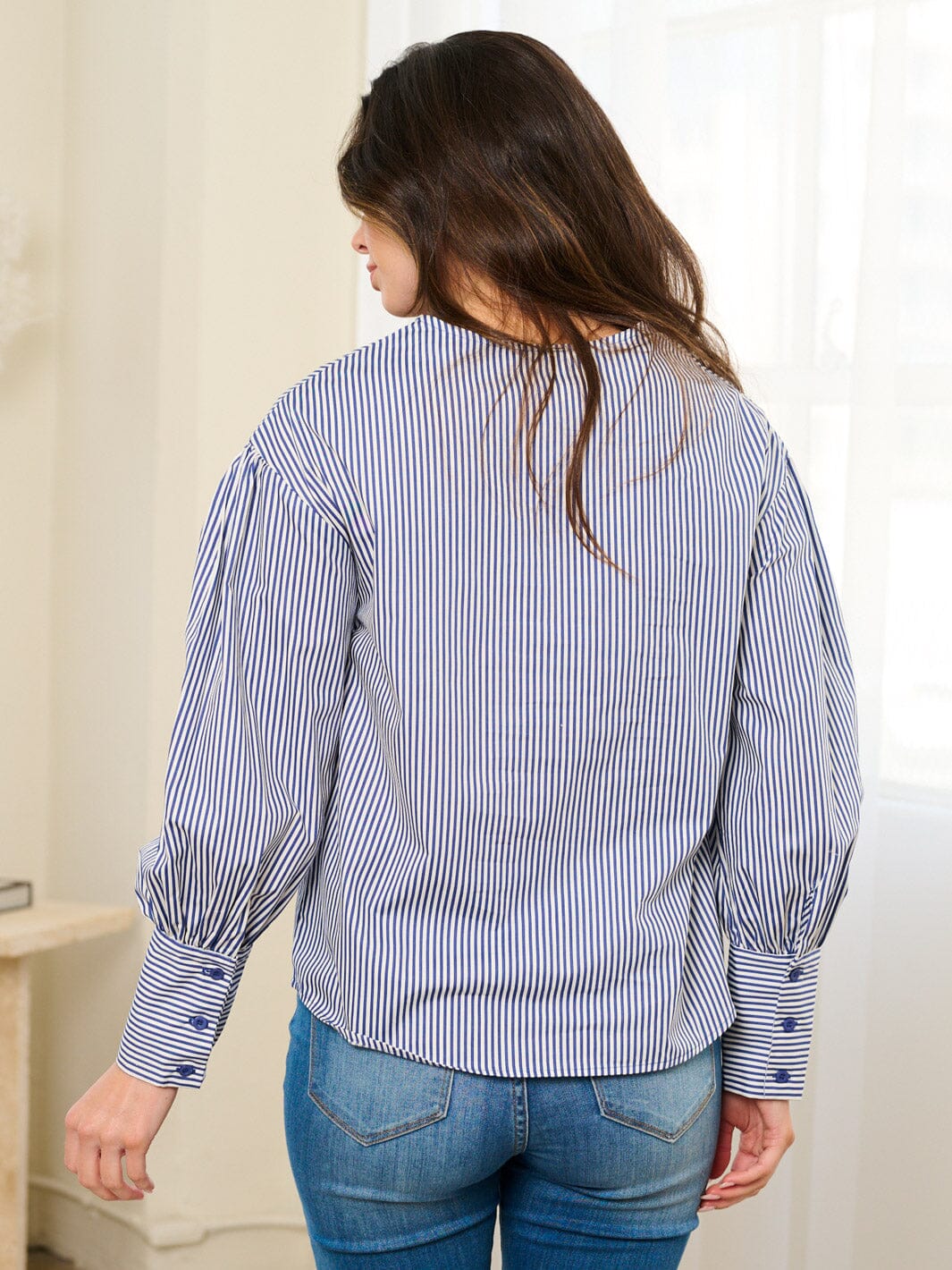WOMEN'S LONG SLEEVE BUTTON CLOSURE RUFFLE STRIPES BLOSUE TOP