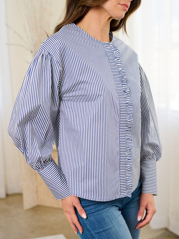WOMEN'S LONG SLEEVE BUTTON CLOSURE RUFFLE STRIPES BLOSUE TOP