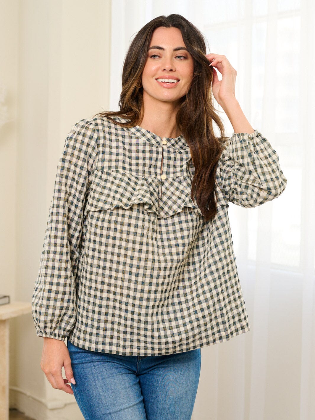WOMEN'S LONG SLEEVE BUTTON CLOSURE RUFFLE PLAID BLOSUE TOP