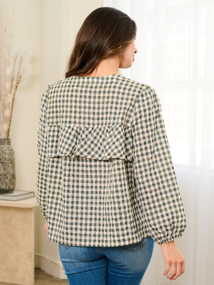 WOMEN'S LONG SLEEVE BUTTON CLOSURE RUFFLE PLAID BLOSUE TOP