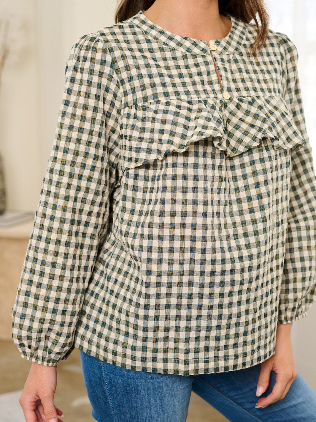 WOMEN'S LONG SLEEVE BUTTON CLOSURE RUFFLE PLAID BLOSUE TOP