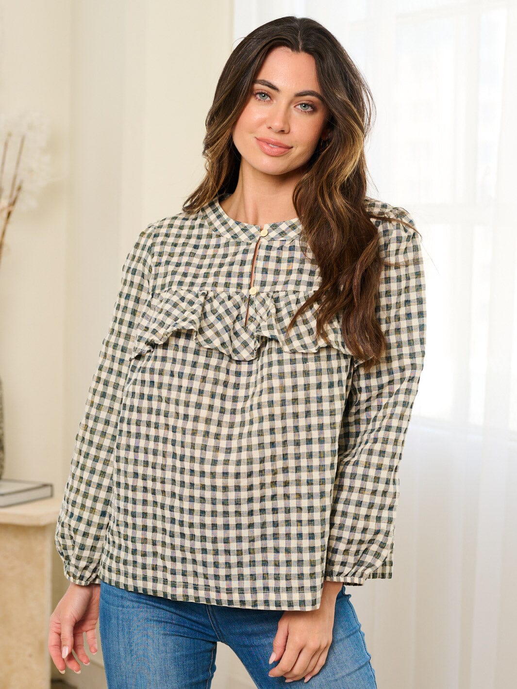WOMEN'S LONG SLEEVE BUTTON CLOSURE RUFFLE PLAID BLOSUE TOP