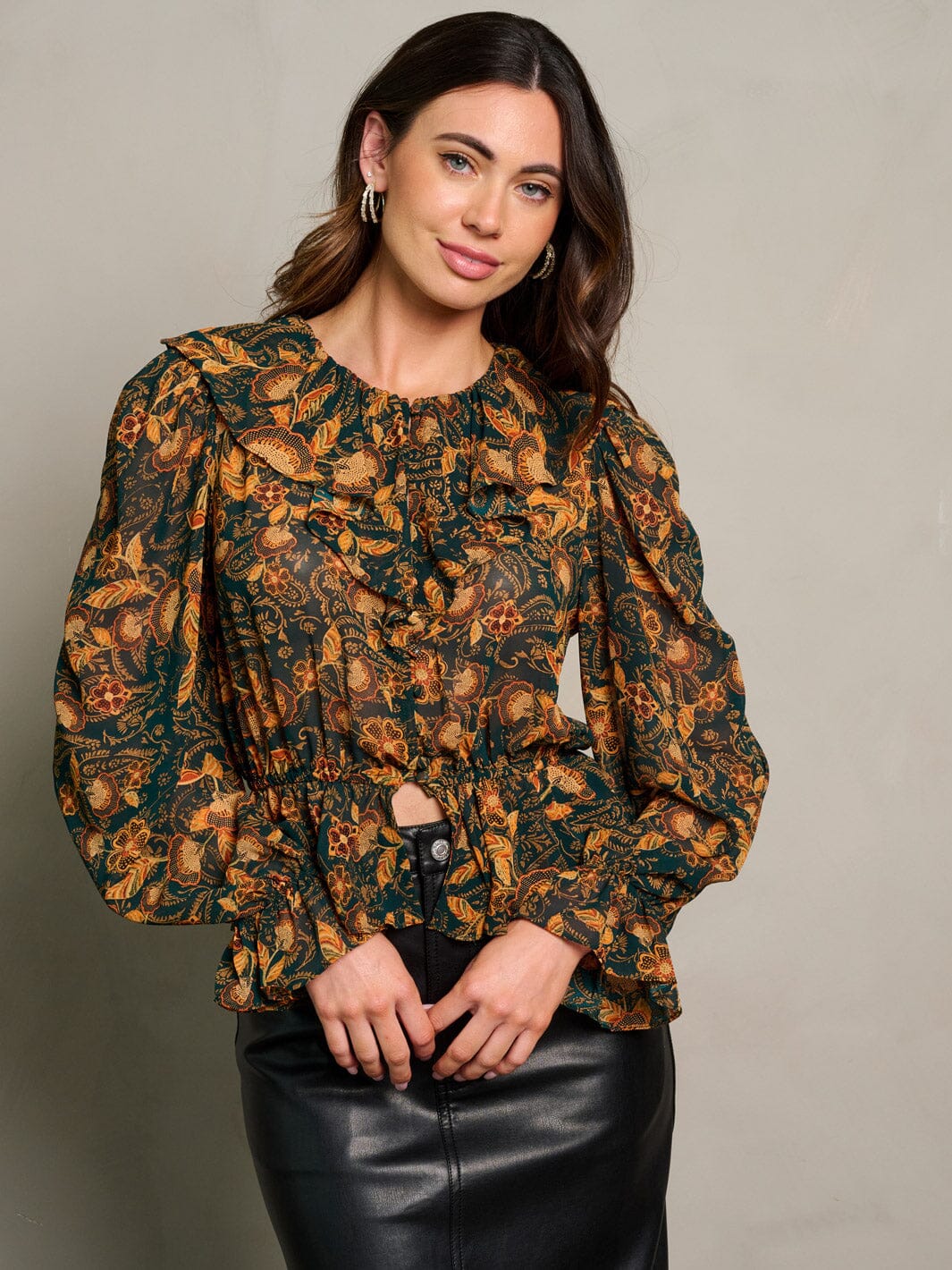 WOMEN'S LONG SLEEVE BUTTON UP RUFFLE FLORAL BLOUSE TOP