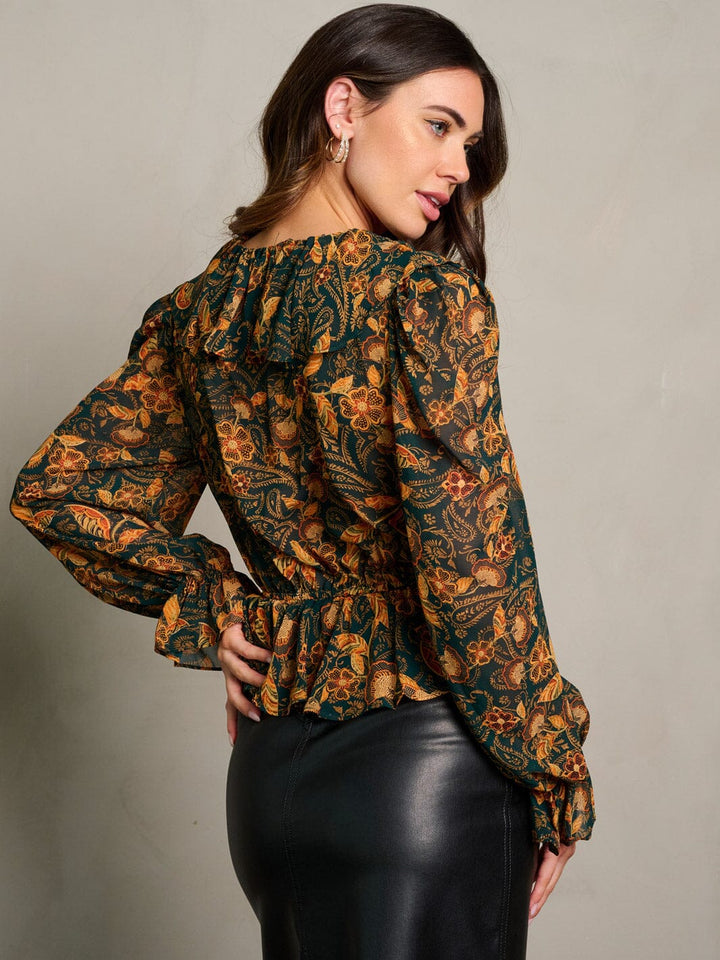 WOMEN'S LONG SLEEVE BUTTON UP RUFFLE FLORAL BLOUSE TOP
