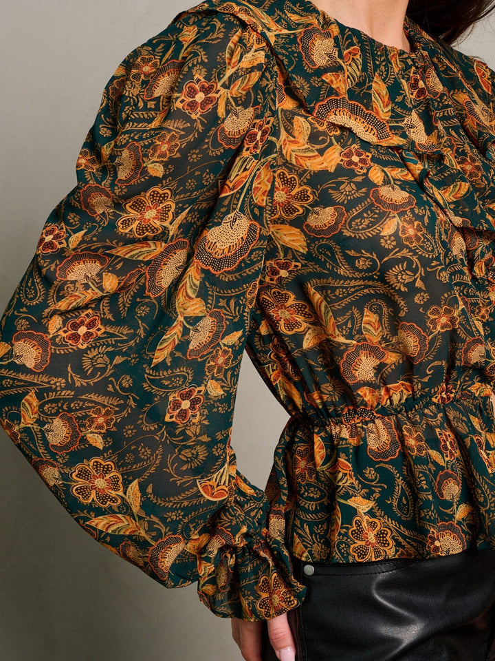 WOMEN'S LONG SLEEVE BUTTON UP RUFFLE FLORAL BLOUSE TOP