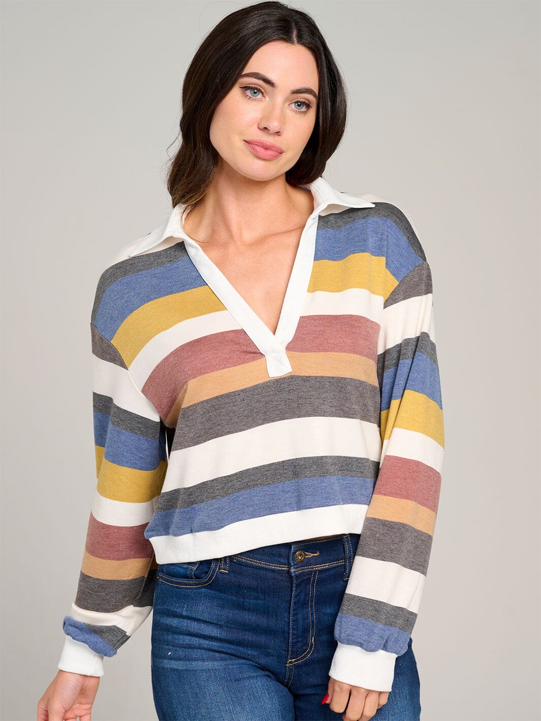 WOMEN'S LONG SLEEVE V-NECK STRIPES COLORBLOCK TOP