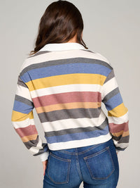 WOMEN'S LONG SLEEVE V-NECK STRIPES COLORBLOCK TOP