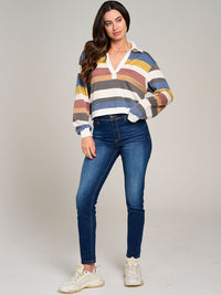 WOMEN'S LONG SLEEVE V-NECK STRIPES COLORBLOCK TOP