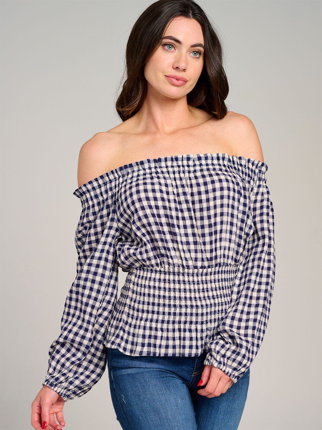 WOMEN'S LONG SLEEVE OFF SHOULDER ELASTIC WAIST PLAID BLOUSE