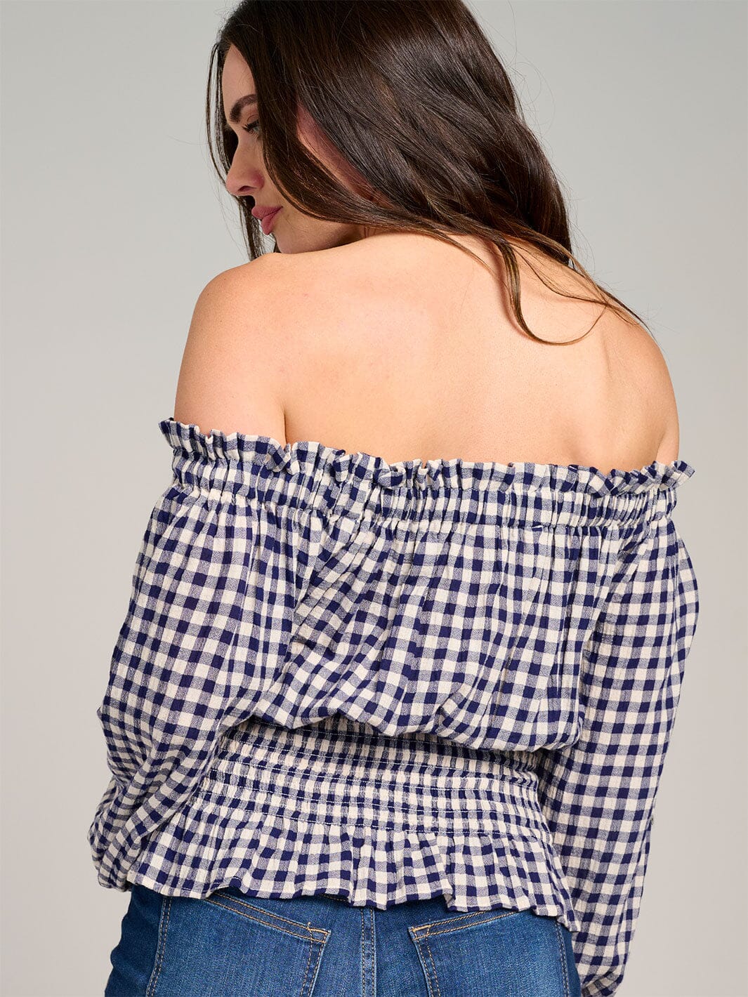 WOMEN'S LONG SLEEVE OFF SHOULDER ELASTIC WAIST PLAID BLOUSE