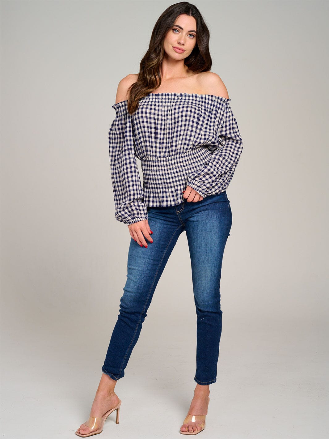 WOMEN'S LONG SLEEVE OFF SHOULDER ELASTIC WAIST PLAID BLOUSE