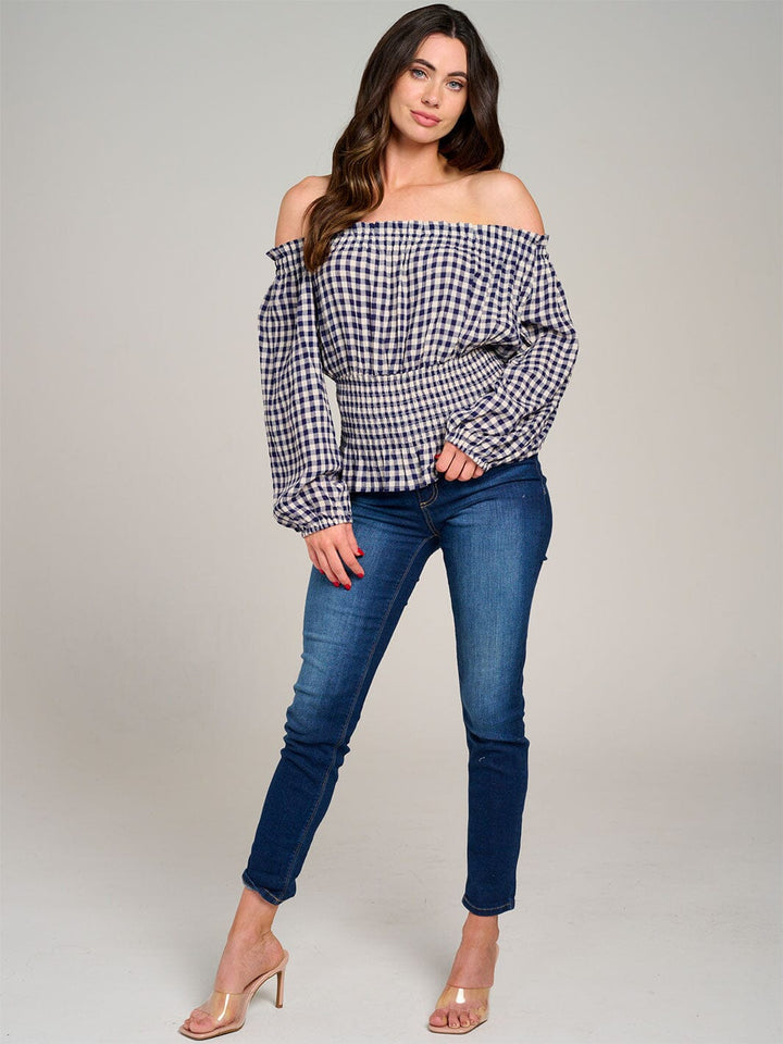 WOMEN'S LONG SLEEVE OFF SHOULDER ELASTIC WAIST PLAID BLOUSE